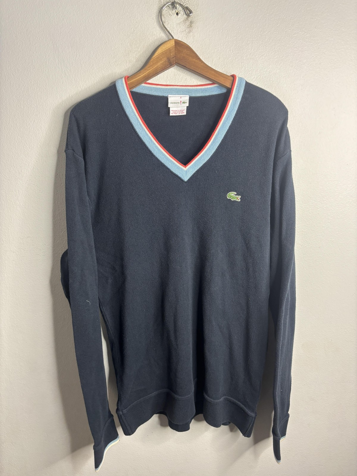 Lacoste Sweater Mens XL Blue V Neck Pullover Knit Contrast Trim Croc Logo France