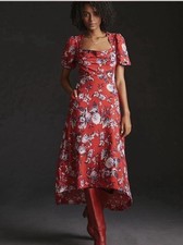 ANTHROPOLOGIE MAEVE Floral Red Puff Sleeve Midi Dress Size 6