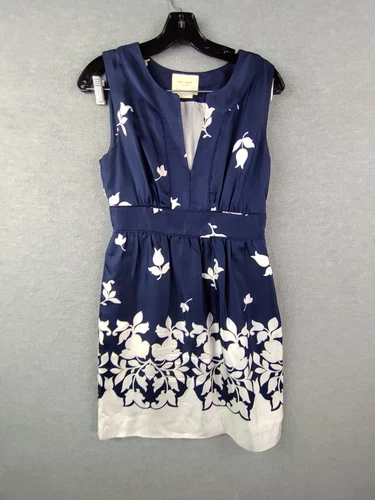 Abito donna Kate Spade 2 blu 100% seta raso floreale senza maniche lunghezza ginocchio