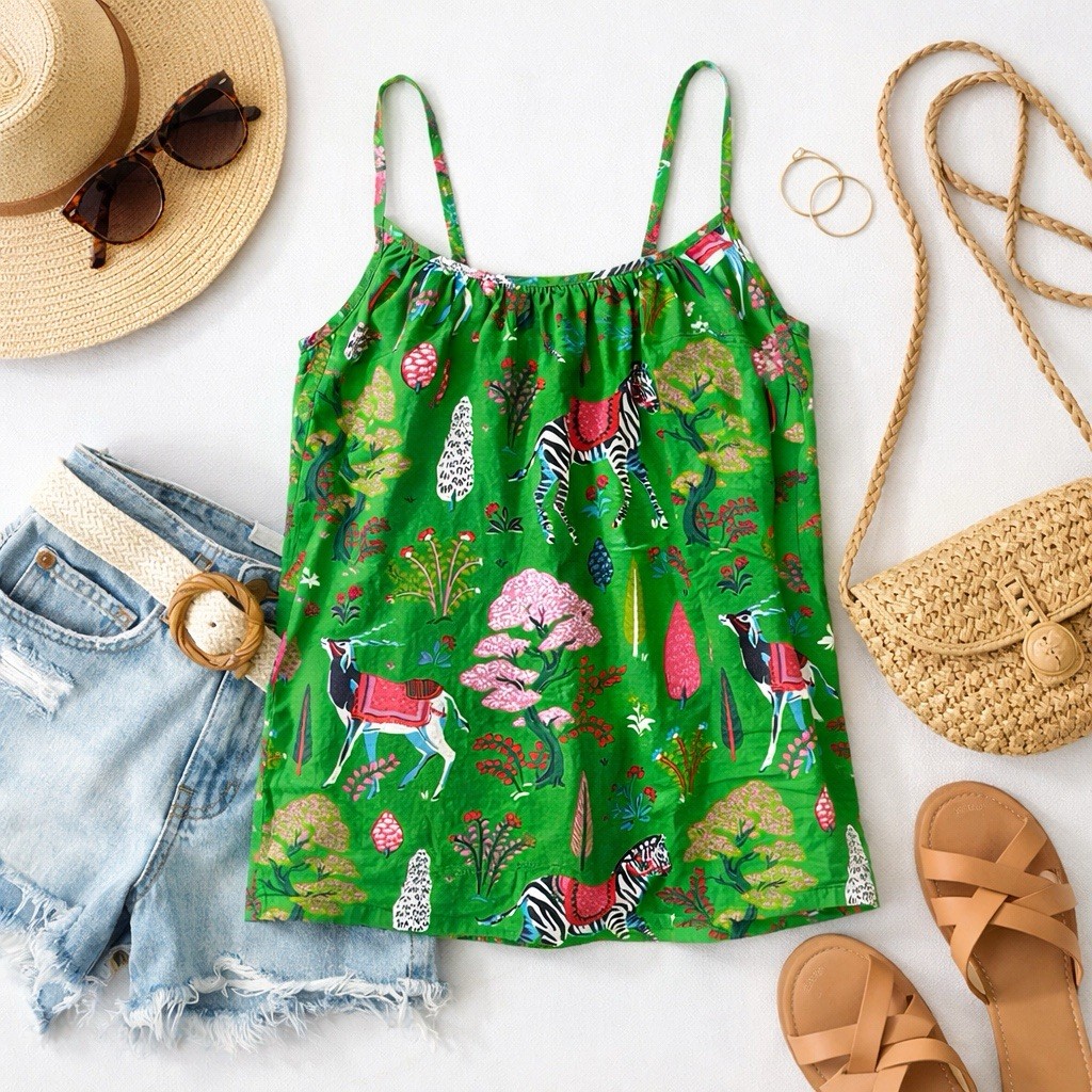 Printfresh Organic Cotton Cami Top Large Green Whimsical Safari Animal Print AOP