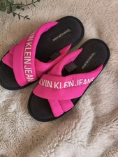 Calvin Klein Jeans Womens Pink Quilted Cross Strap Sliders Size UK 3.5
