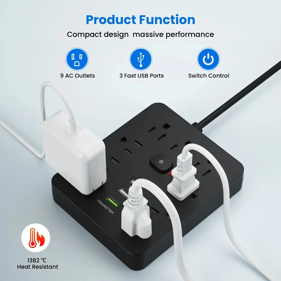 Compact 5ft Power Strip Surge Protector with 9 Outlets & 3 USB Ports - Image 3 of 4