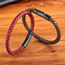 Mens Leather Bracelet Braided Wristband Stainless Steel Clasp Hand Woven Band
