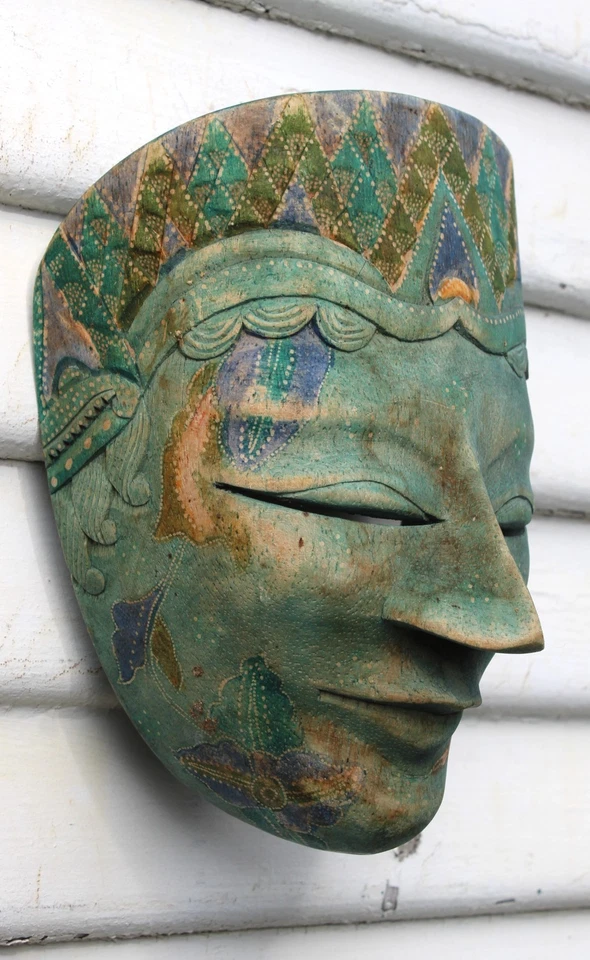 Máscara de madera tallada a mano Topeng Batik original de colección danza indonesia arte Java Foto 3 de 4