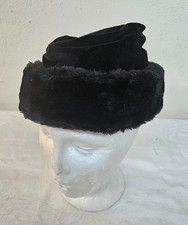 Vintage Black Ladies Designer Hat Felt w Furry Brim WARM