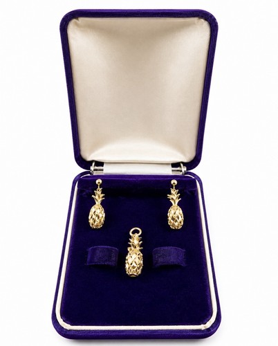 14K Gold Pineapple Pendant Earrings Set Tropical Luxury Vacation 4.72 g