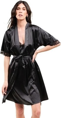 Luxuriöses dreiteiliges Damen-Nachtwäsche-Set Satin schwarz