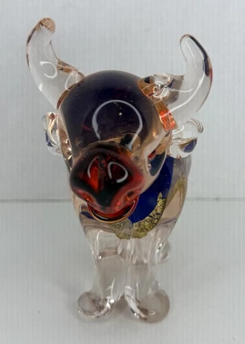 Hand Blown Murano Style Art Glass Bull Cow Figurine Blue Red Silver Gold
