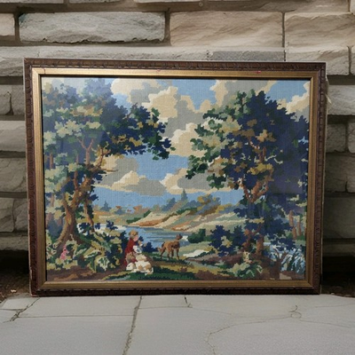 #ad Antique French Needlepoint; Tapestry Depicting Woman amp; Her Dogs 27quot; x 22quot; Framed $1679.66