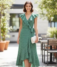 Max Studio Women’s Green Wrap Ruffle Midi Dress Size M Boho Party Resort Wedding