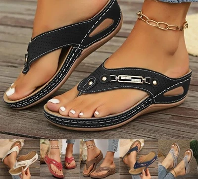 Womens Orthopedic Retr Flip Flops Arch Support Comfort Wedge Sandals Toe - Image 1 of 3