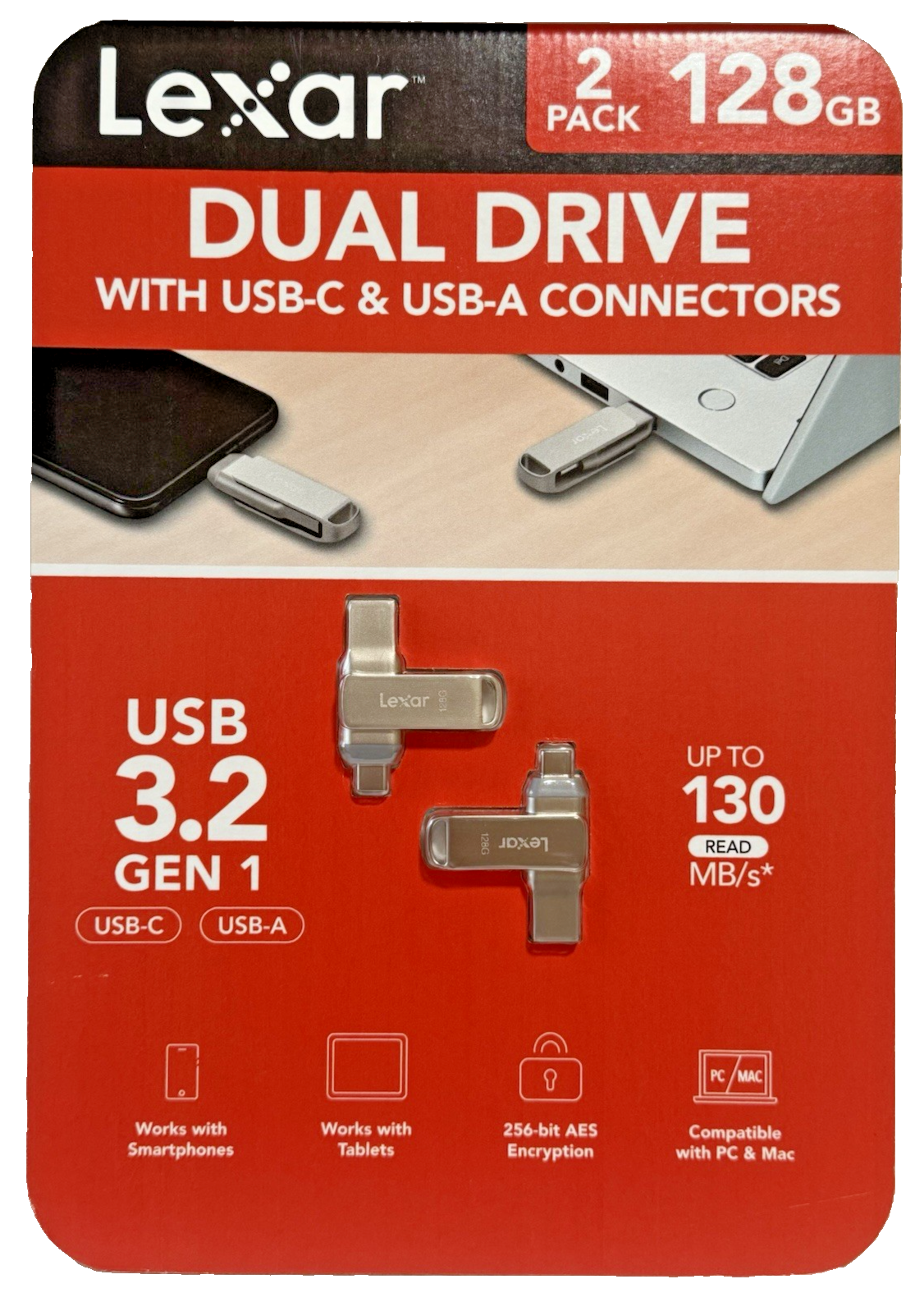 Lexar 128GB Dual Drive 2-Pack USB 3.2 Flash Drive Type-C & Type-A – 130MB/s, Gra