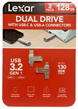 Lexar 128GB Dual Drive 2-Pack USB 3.2 Flash Drive Type-C Type-A 130MB/s, Gra