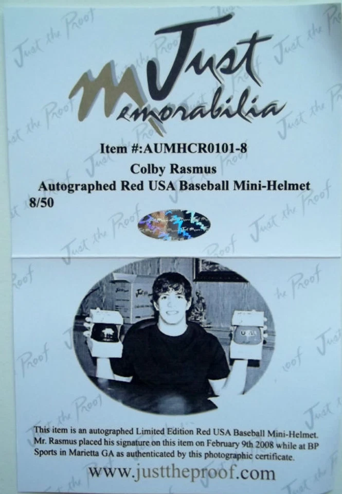 Minicasco de béisbol firmado por Colby Rasmus equipo rojo EE. UU. automático solo SP #/50 Foto 3 de 3