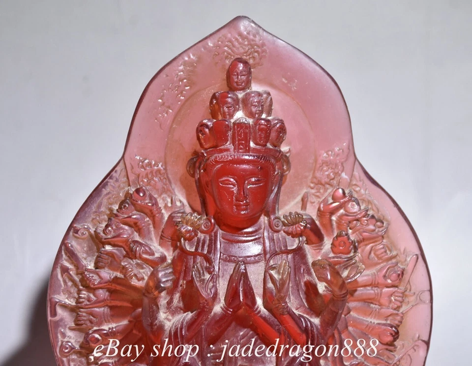 6" Old Chinese Red Amber Carved Sit 1000 Arms Avalokiteshvara of Goddess Statue - Image 2 of 4