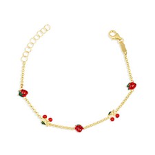 14K Solid Gold Enamel Cherry Fruit Strawberry Girl Kid Baby Bracelet 5" Adjust