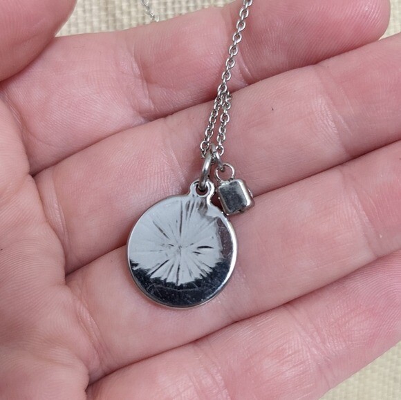 Letter E initial round disc silver toned pendant … - image 3