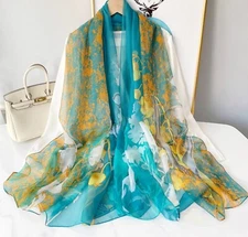 Maya Antonia Silk-Chiffon Luxury Scarf/Shawl Yellow-Aqua Wedding/Spring/Resort