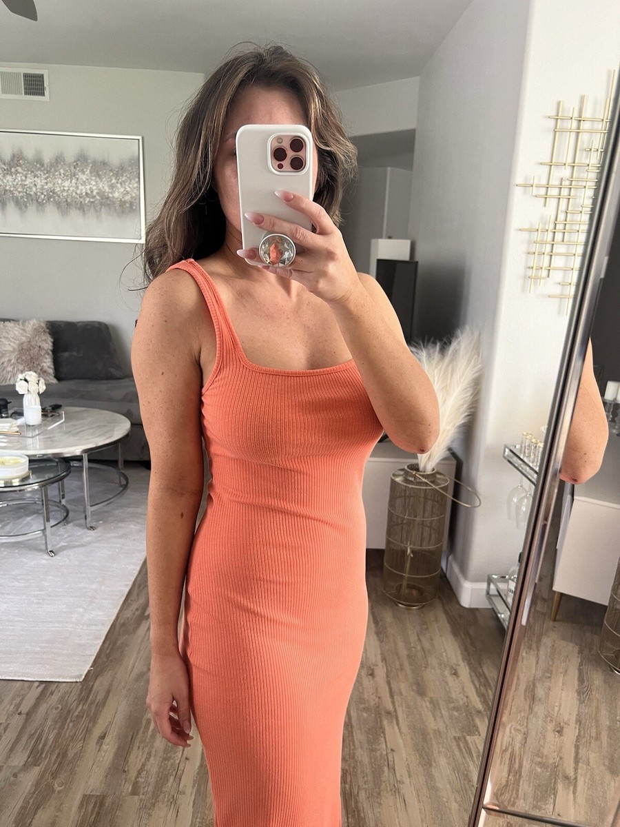 knee length dresses for ladies Ribbed Racerback Tank Midi Dress Beige