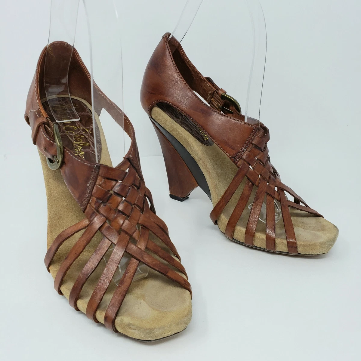 Sam Edelman Womens 7 Sahara Wooden Wedge Sandals Heels Strappy Brown Leather