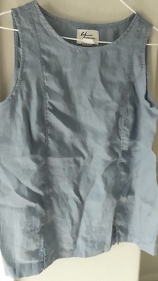 Andrea Jovine Blue Solid Linen Woven Ruffle Round Neck Tank Top Womens S