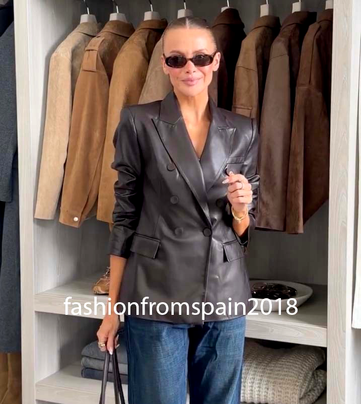 ZARA NEW WOMAN FAUX LEATHER DOUBLE-BREASTED BLAZER JACKET BROWN
