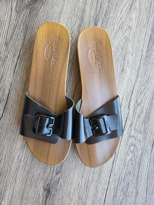 Dr Scholl's Original Collection Exercise Sandals Black Wood Buckle 70s Y2K 9