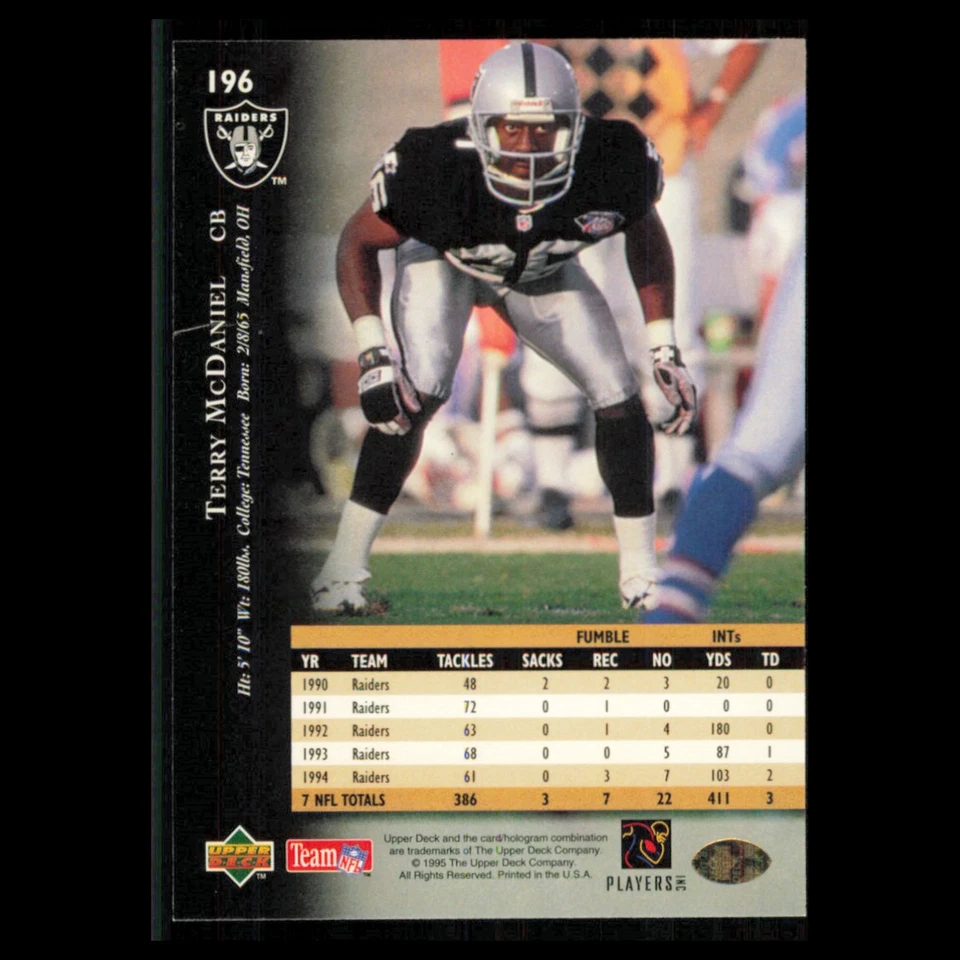 Terry McDaniel #196 1995 Upper Deck Electric Oakland Raiders Football Card NFL - Image 2 of 3