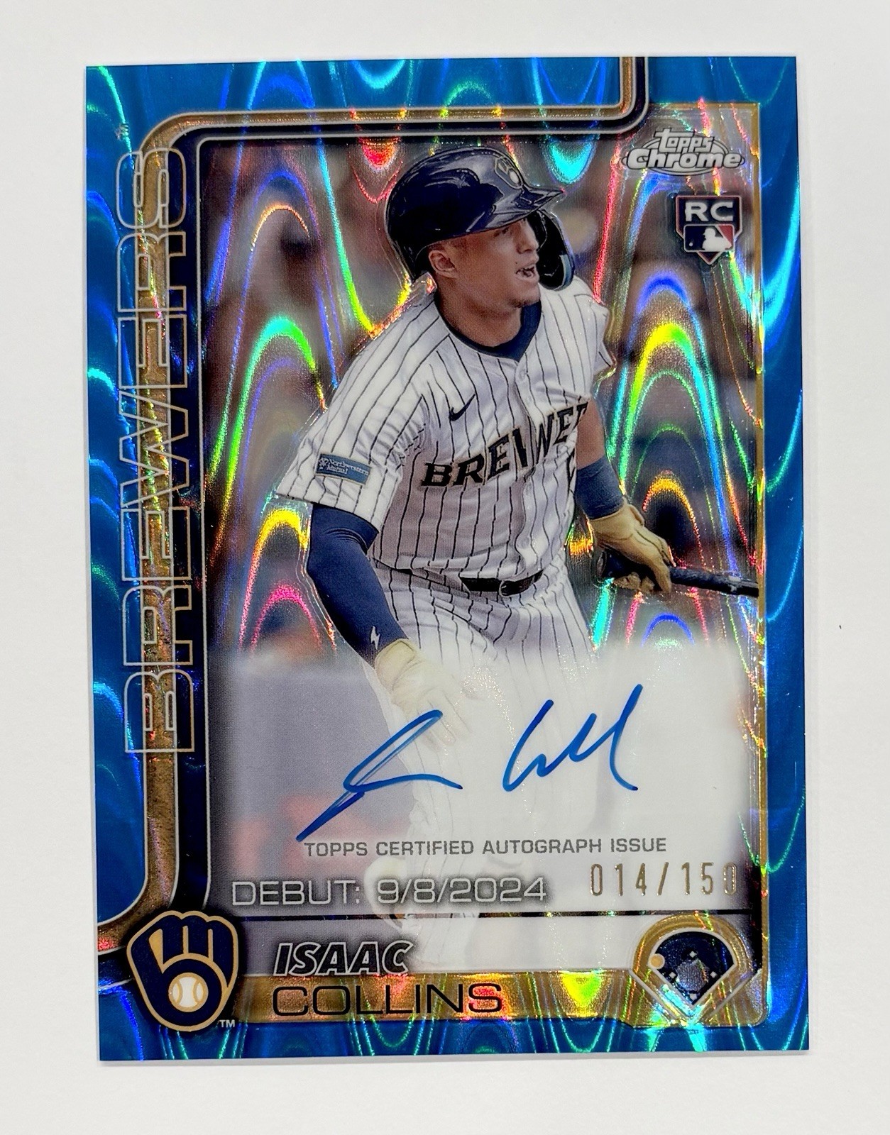 2025 Topps Chrome Isaac Collins Rookie Debut Auto Blue RayWave Refractor /150 RC