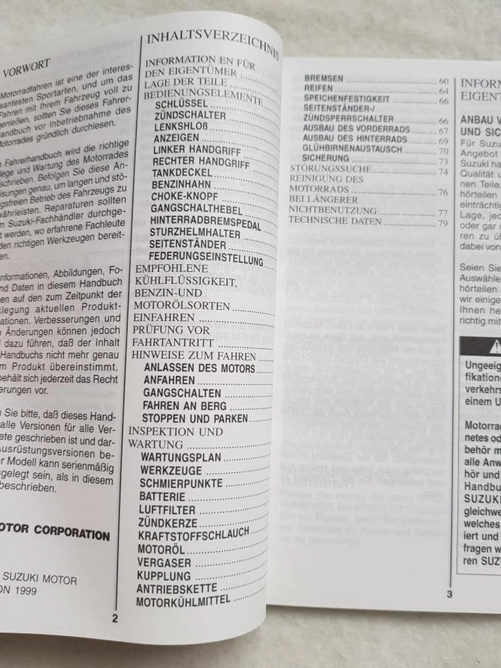 SUZUKI DRZ400S Motorcycle Owners Manual DEC 1999 #99011-29F60-01K GERMAN TEXT - Image 2 of 4