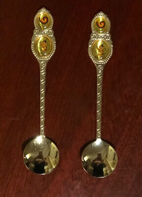 Set of 2 1983 SLOOC Rare HIDORI Licensed Collectible Olympic Brass Spoons Tiger