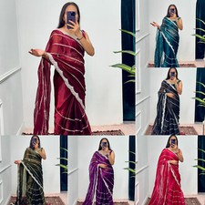 New Bollywood Designer Organza Saree Embroiderd Zari Work Reception Wear Sari