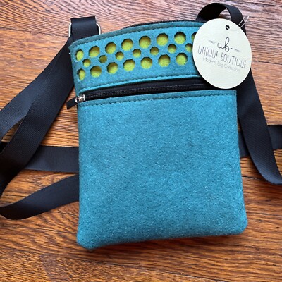 New! Unique Boutique Felt Turquoise Zipper Crossbody Adjustable Purse Bag