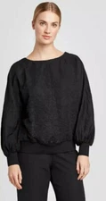 Women's Textured Blouson Long Sleeve Crewneck Blouse - Prologue Black 6265 