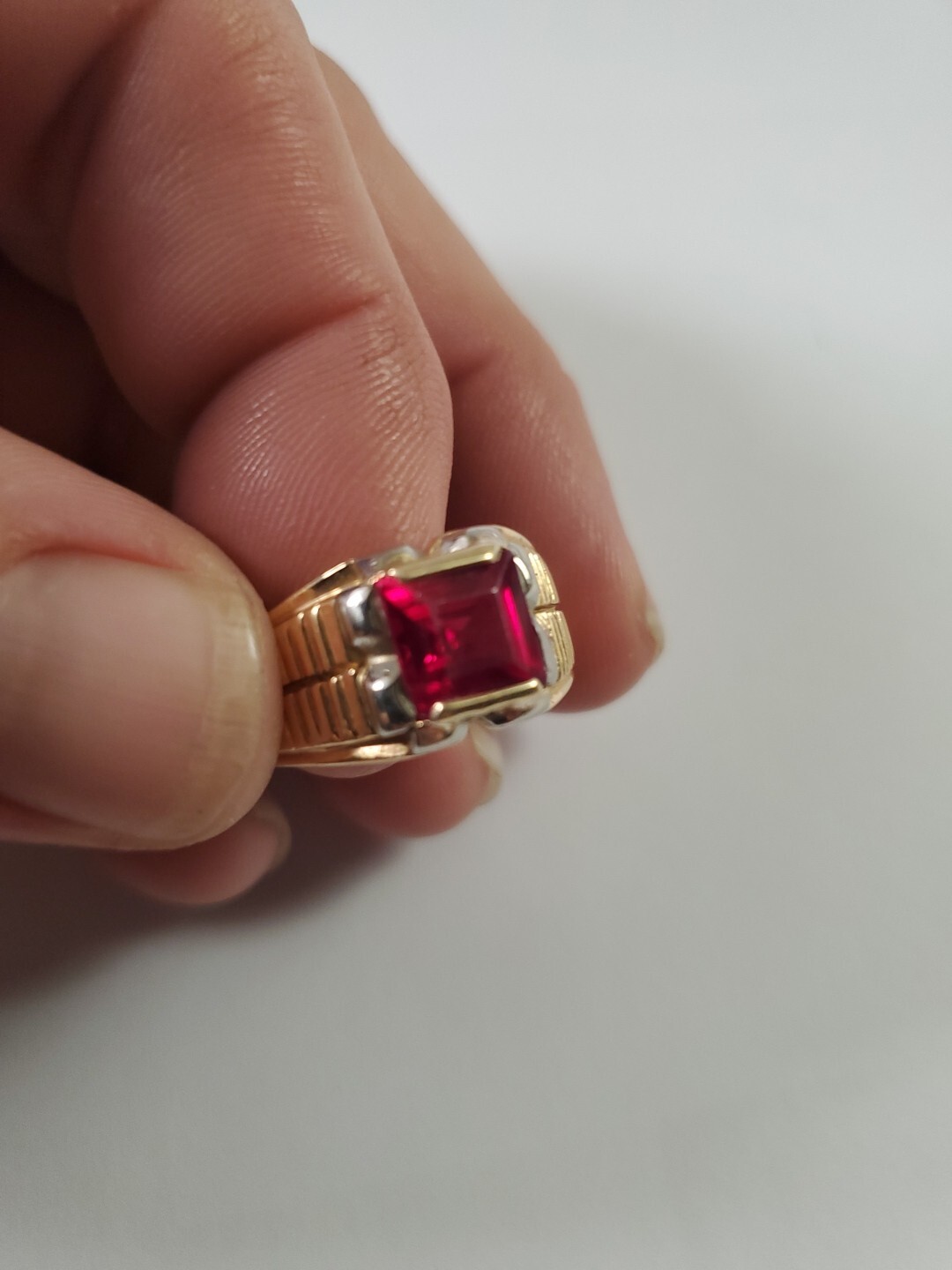 Men’s Ruby Ring lab-created Ruby, Solid 18k+ Yell… - image 1