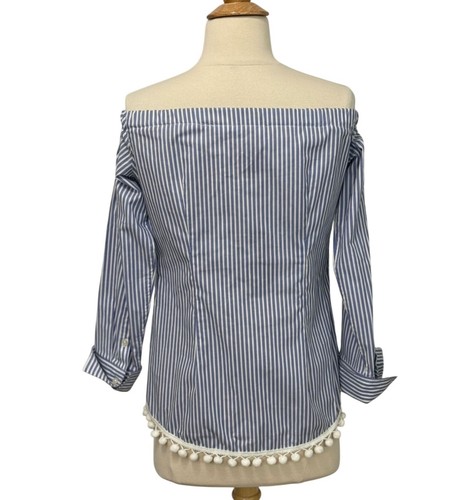 Kate McHale Jensen Striped Off Shoulder Shirt Pom-Pom Trim Blue White Size XS - Picture 5 of 7