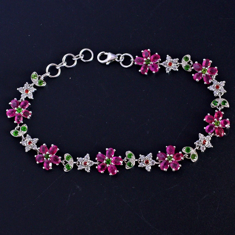Natural Ruby Gemstone Chrome Diopside Floral Bracelet Sterling Silver Jewelry - Image 2 of 4