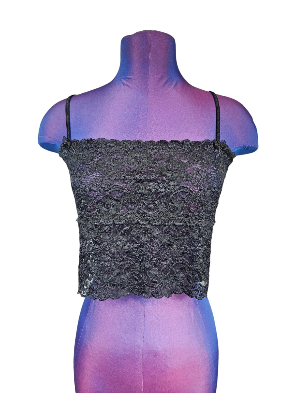 Vintage Y2K Black Stretch Lace Sheer Cropped Cami Top Size Medium Women's P23