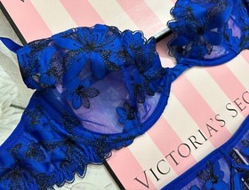 Victoria's Secret LUXE Unlined Floral Embroidered Demi Bra Thong Set Blue Oar