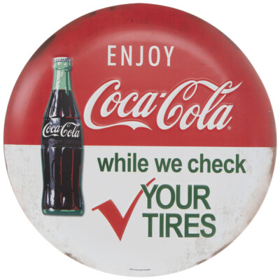 Enjoy Coco-Cola Round Metal Sign While We Check Your Tires Vintage