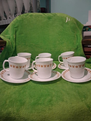 Vintage Pyrex/Corelle by Corning Butterfly Gold Coffee Tea Cups & Saucers (6)