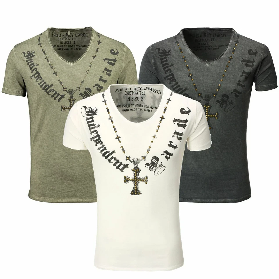 Key Largo Herren vintage Look T-Shirt Independent tiefer V-Ausschnitt KreuzPrint - Bild 1 von 1