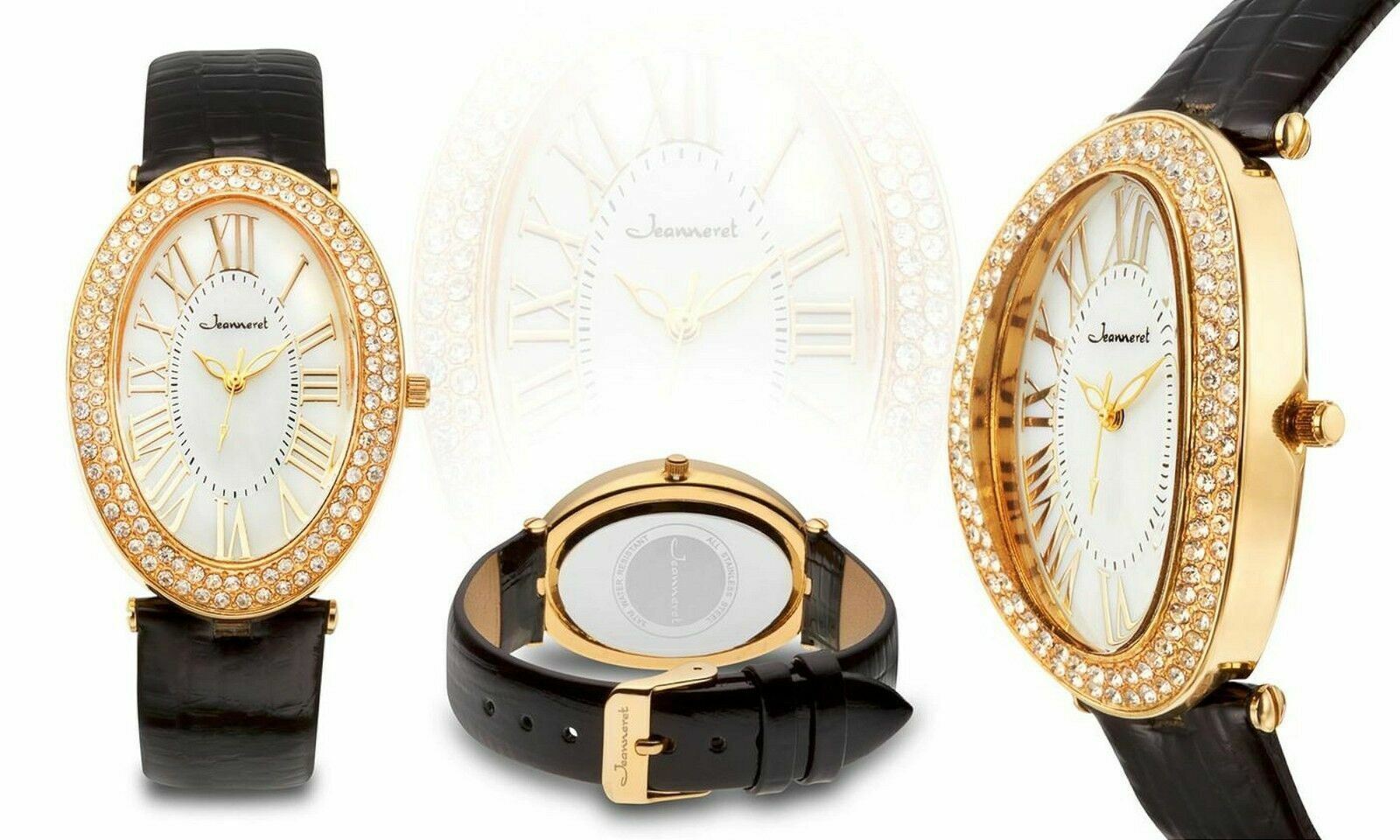NEW Jeanneret 10058 Womens Isabella Collection Swarovski Black/Yellow Gold Watch