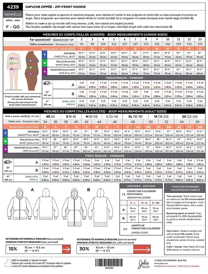 Sudadera con Capucha Jalie Danaelle Cremallera Frontal Patrón de Costura 4239 en 28 Tallas Adultos y Niños Foto 2 de 2