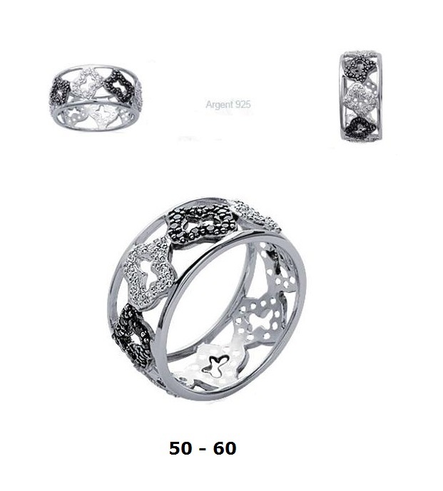 Bague Argent Massif 925 Rhodié T52 - Cylindre Pavé Diamants Noir Et Blanc, Neuf Avec étiquettes