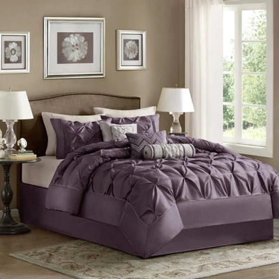 QUALITY BEAUTIFUL MODERN PURPLE GRAY PLUM RUCHED TUFTED RUFFLE PIN-TUCK COMFORTER SET