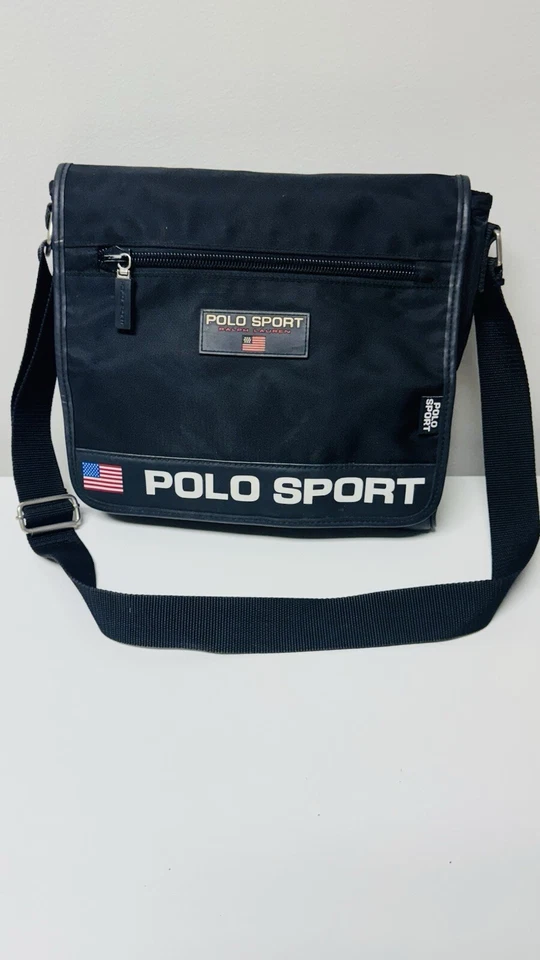 Vintage Polo Sport Ralph Lauren Mens Black Adjustable Strap Snap Messenger Bag S - Imagem 2 de 4