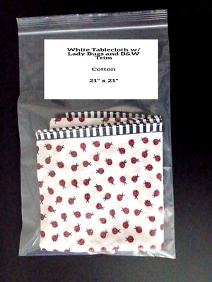 White Tablecloth w/Lady Bugs and B&W Trim - Cotton - 21'' x 21''