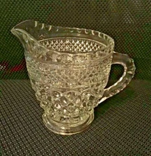 Vintage Pitcher Creamer Pressed Glass Diamond Pattern Ribbed Handle Wexford  EUC