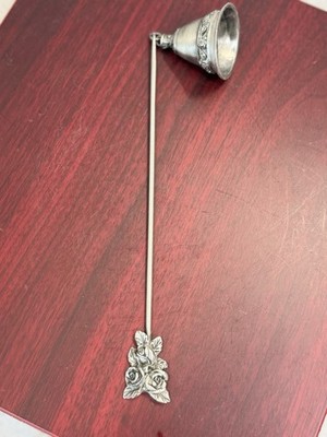 Vintage Pewter Rose Handel Motif W / Rose Ring On Bell Candle Snuffer